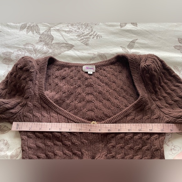 LPA Soren Chocolate Brown Cropped Cable Knit Sweater Ruffle Trim Small Coquette - Picture 9 of 10